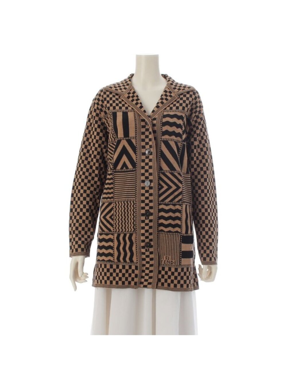 Fendi Wool All Over Print Open Collar Knit Cardigan Top Beige Black 42